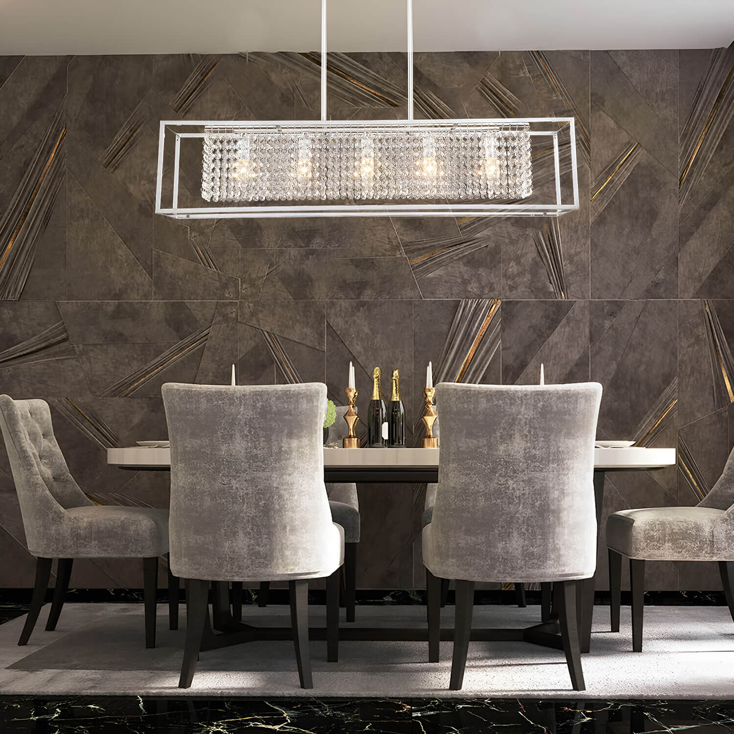 Modern Rectangular Chrome Frame Pendant Light-dinging-room-2| Feyran