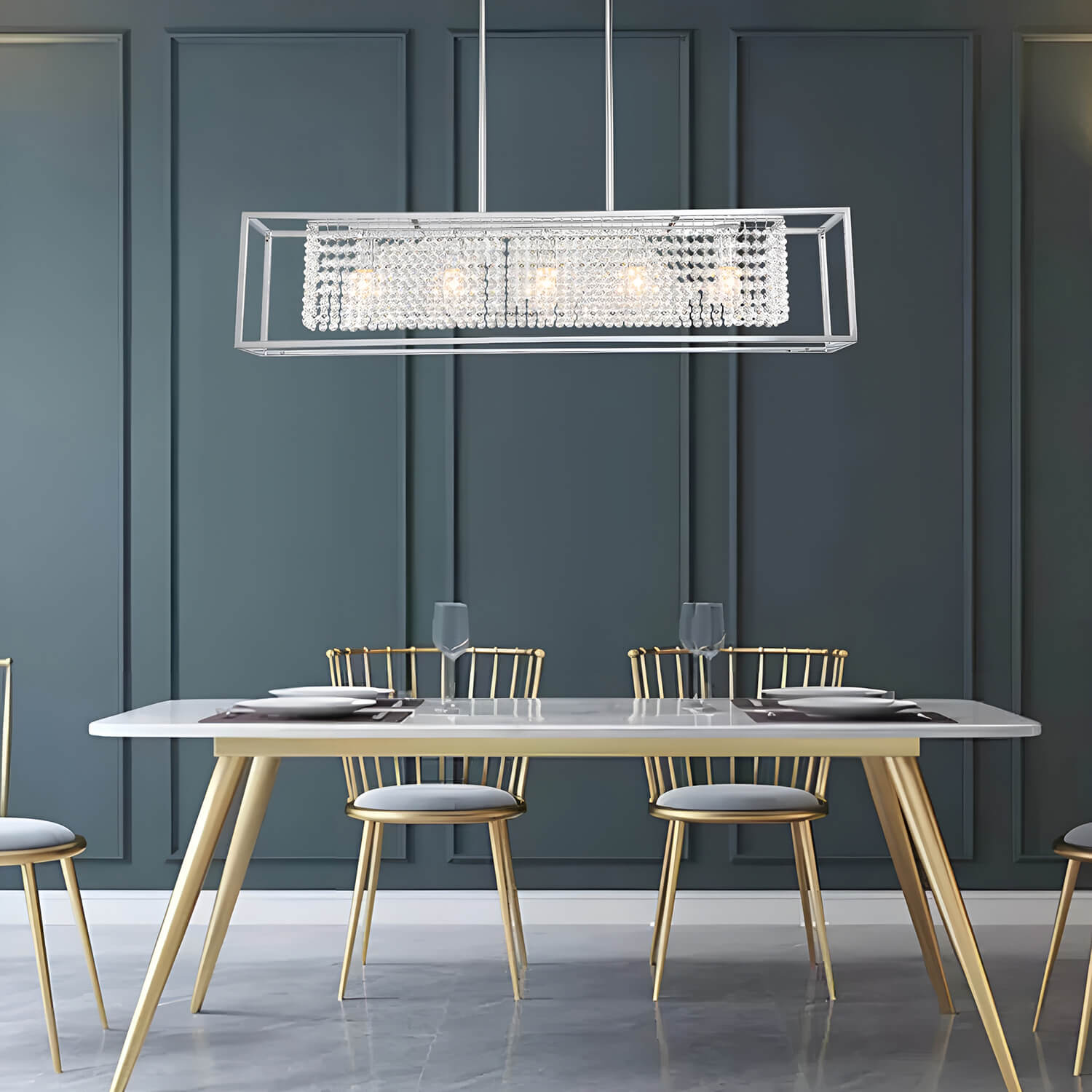 Modern Rectangular Chrome Frame Pendant Light-dinging-room-3| Feyran