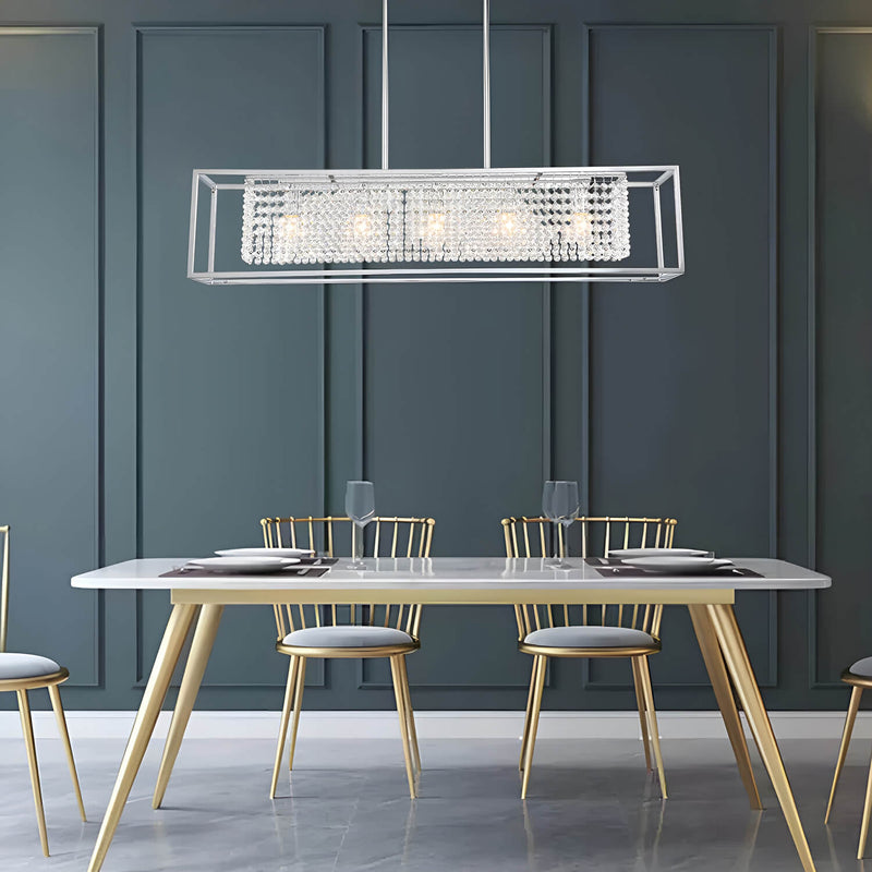 Modern Rectangular Chrome Frame Pendant Light-dinging-room-3| Feyran