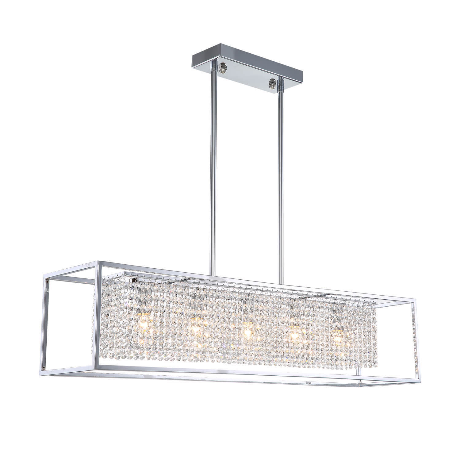 Modern Rectangular Chrome Frame Pendant Light-light-on-1 | Feyran