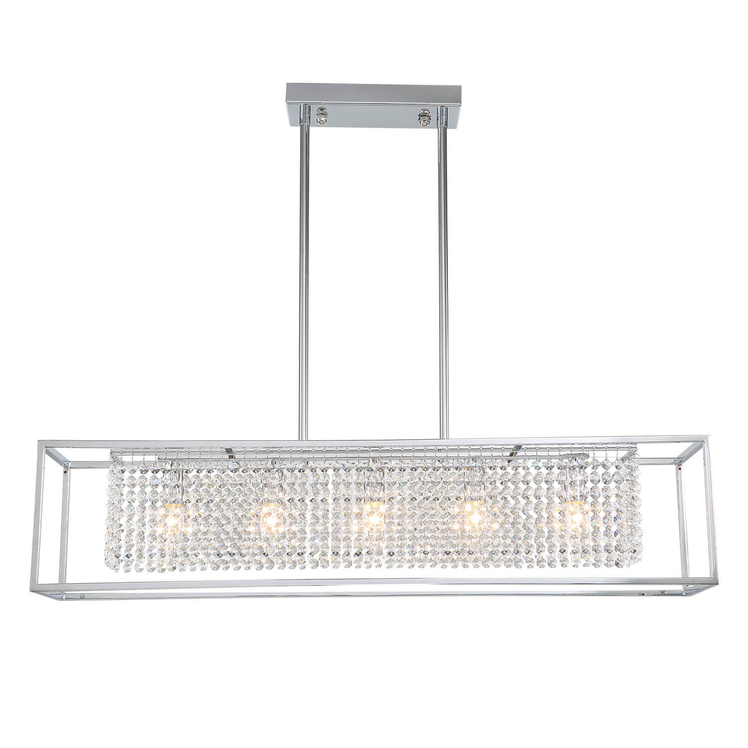 Modern Rectangular Chrome Frame Pendant Light-light-on-2 | Feyran