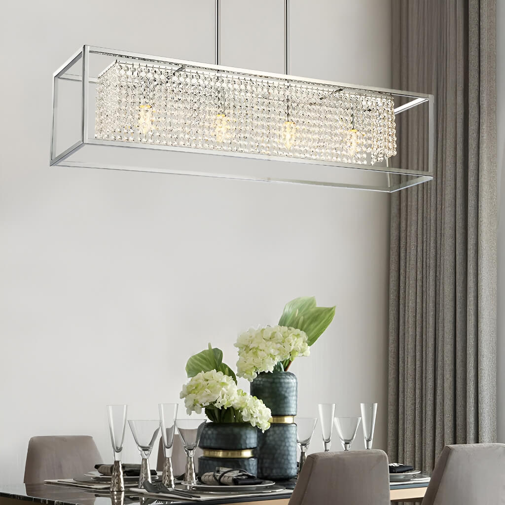 Modern Rectangular Chrome Frame Pendant Light-dinging-room-1| Feyran