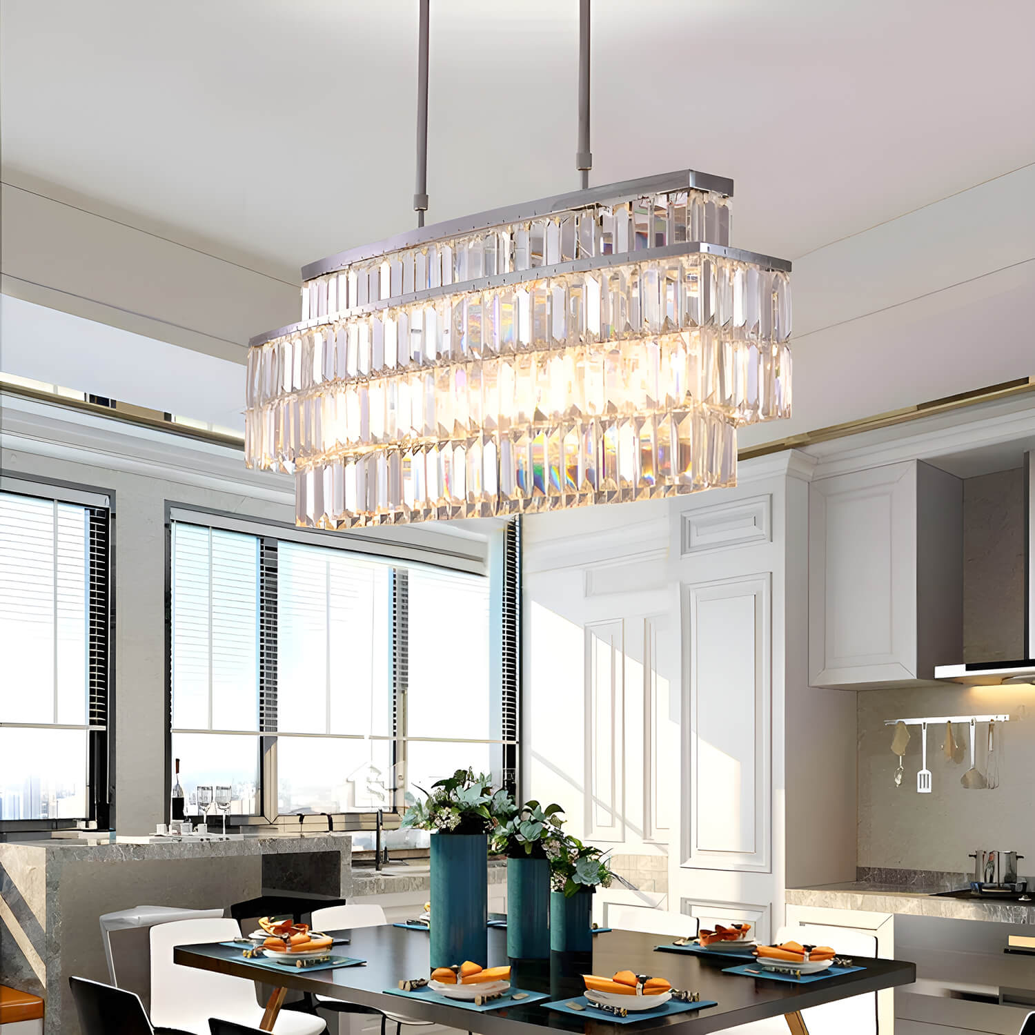 Modern Rectangular Crystal Chandelier - Rod-Type Pendant Light-dining-room-2 |Feyran