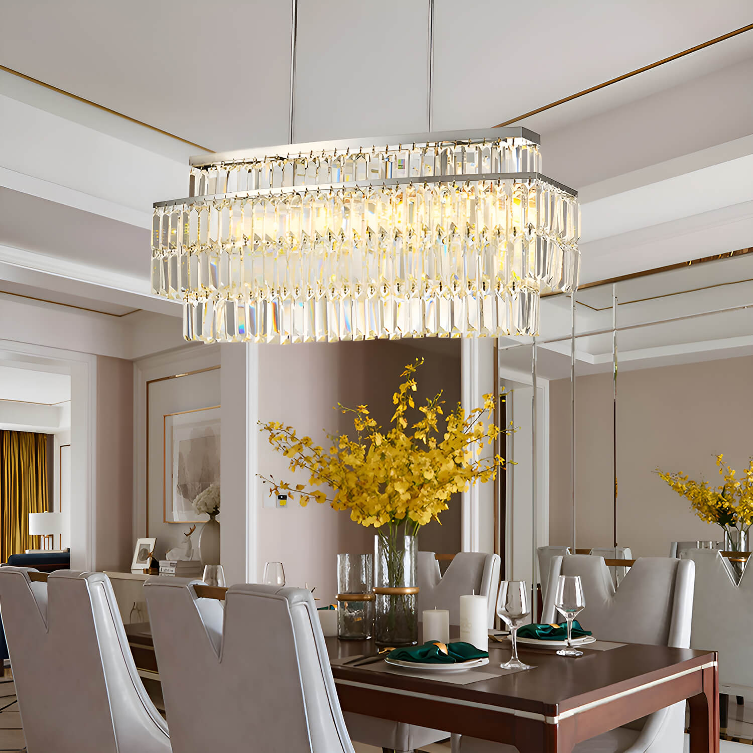 Modern Rectangular Crystal Chandelier - Rod-Type Pendant Light-dining-room-3 |Feyran