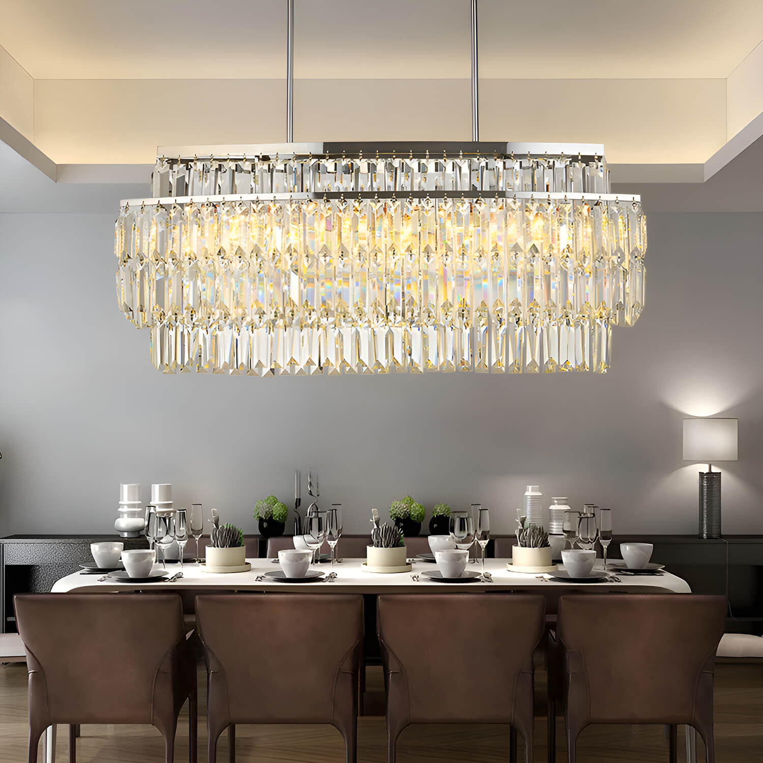 Modern Rectangular Crystal Chandelier - Rod-Type Pendant Light-dining-room-4 |Feyran