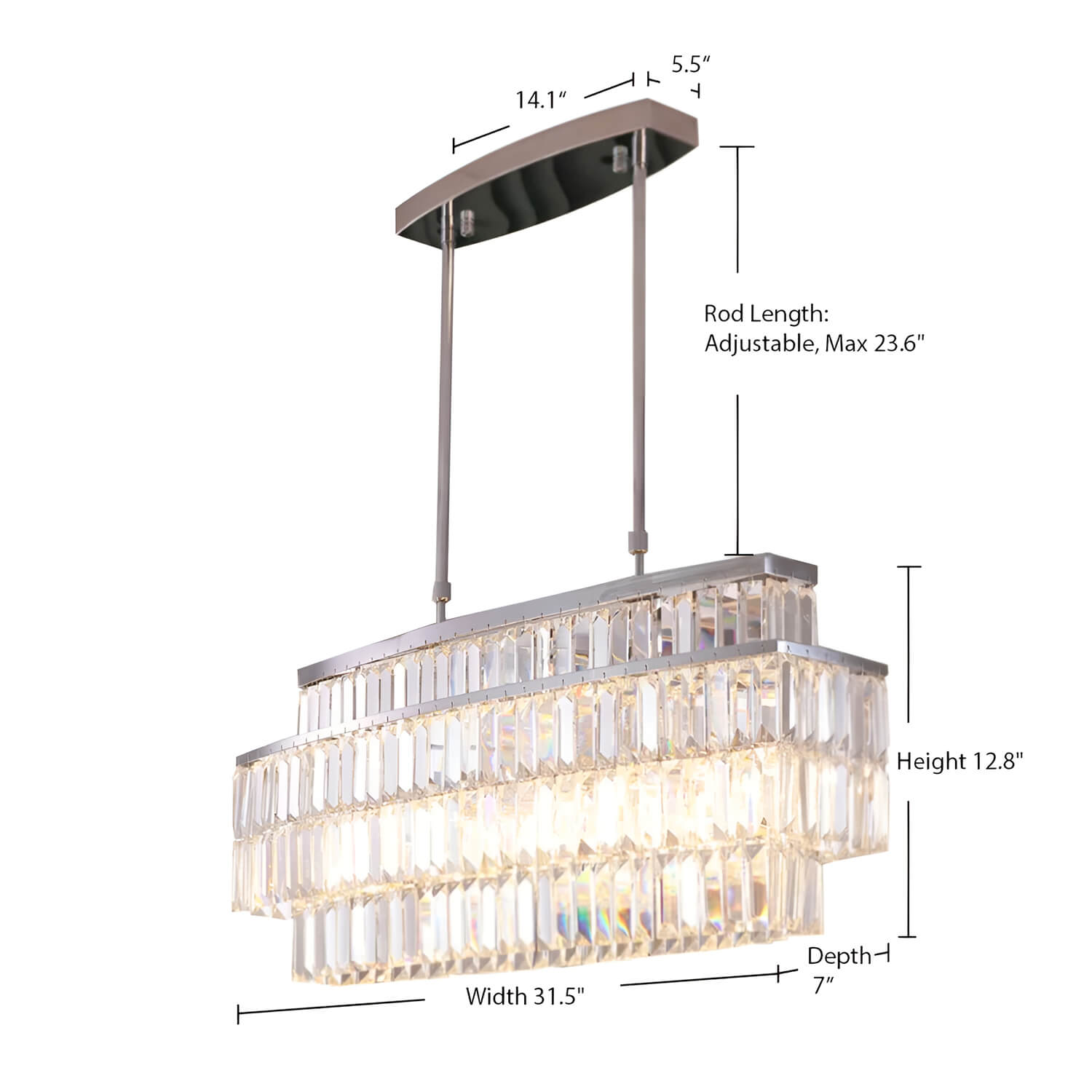 Modern Rectangular Crystal Chandelier - Rod-Type Pendant Light-size |Feyran