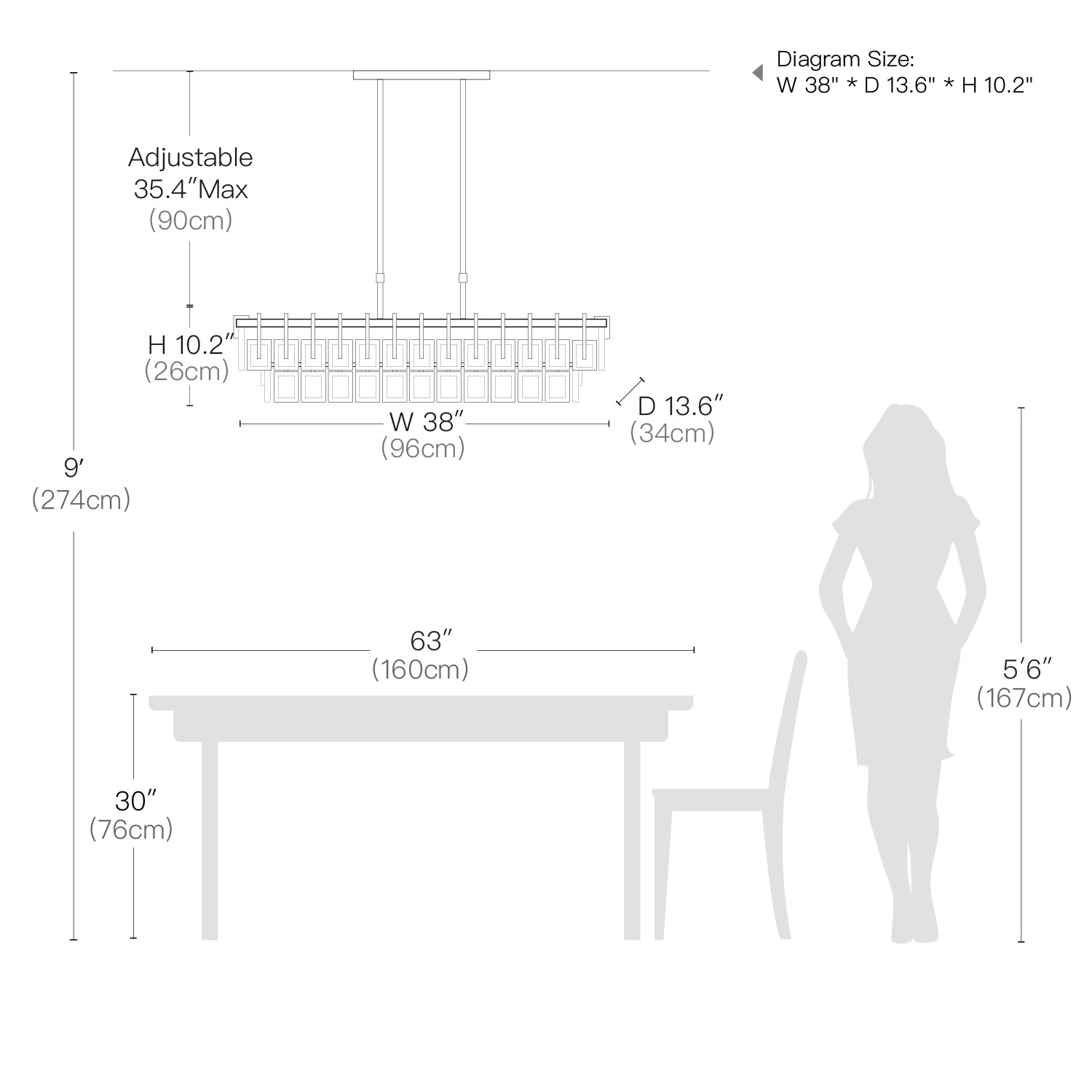 Gold Modern Rectangular Glass Chandelier for Dining Room-size | Feyran