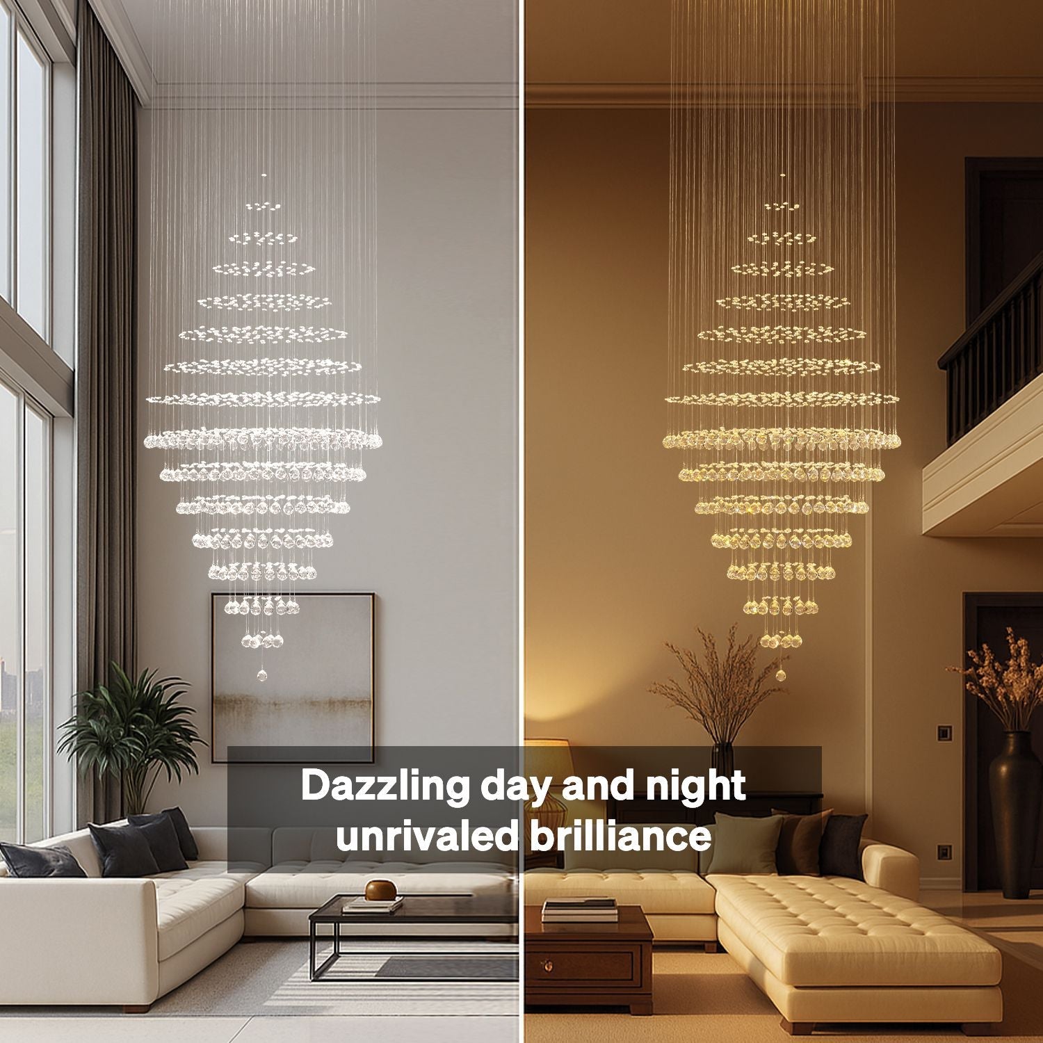 luxury crystal chandelier lighting showing bright daytime and warm night illumination effect | Feyran