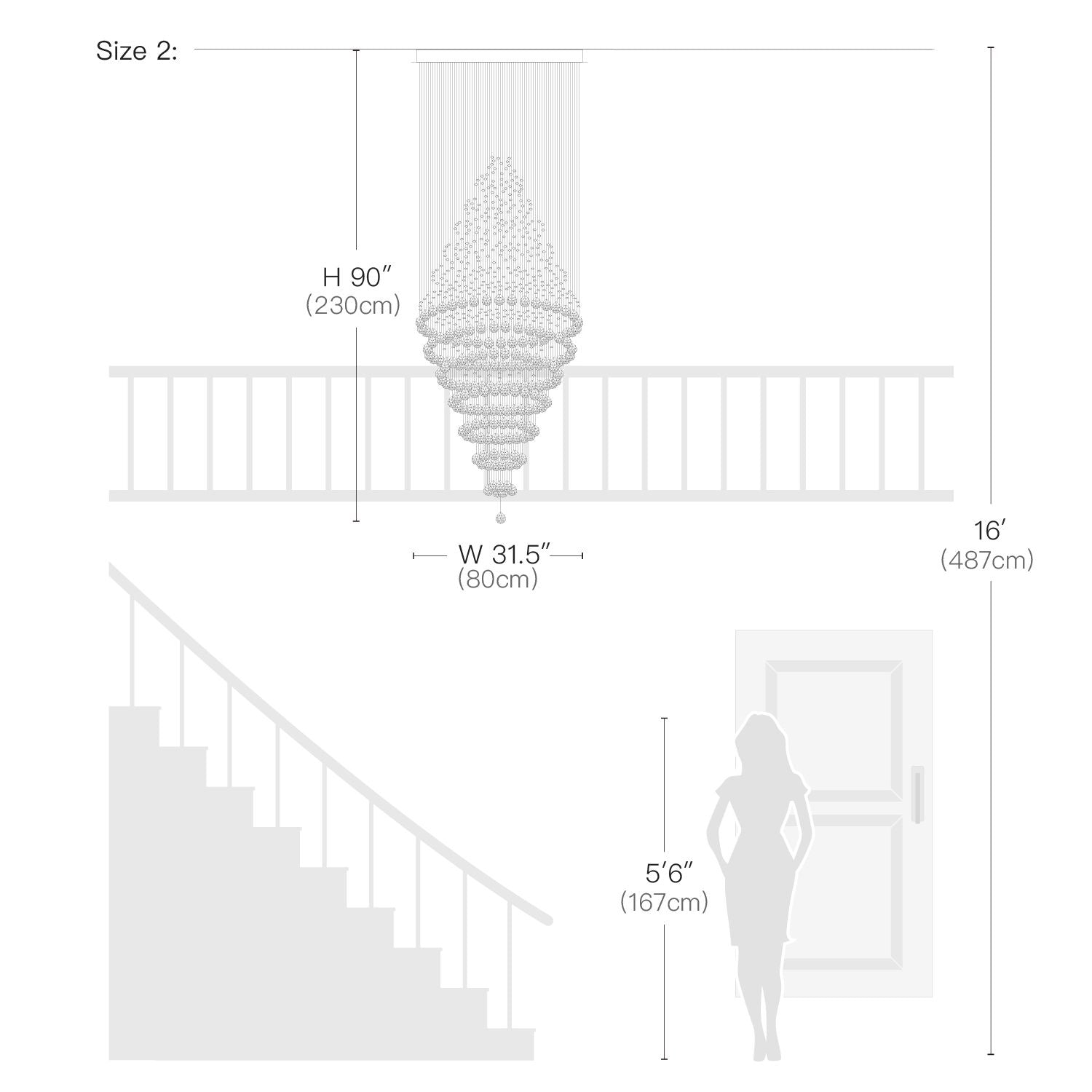 dimensions diagram of luxury modern round crystal chandelier staircase lighting fixture for high ceilings | Feyran