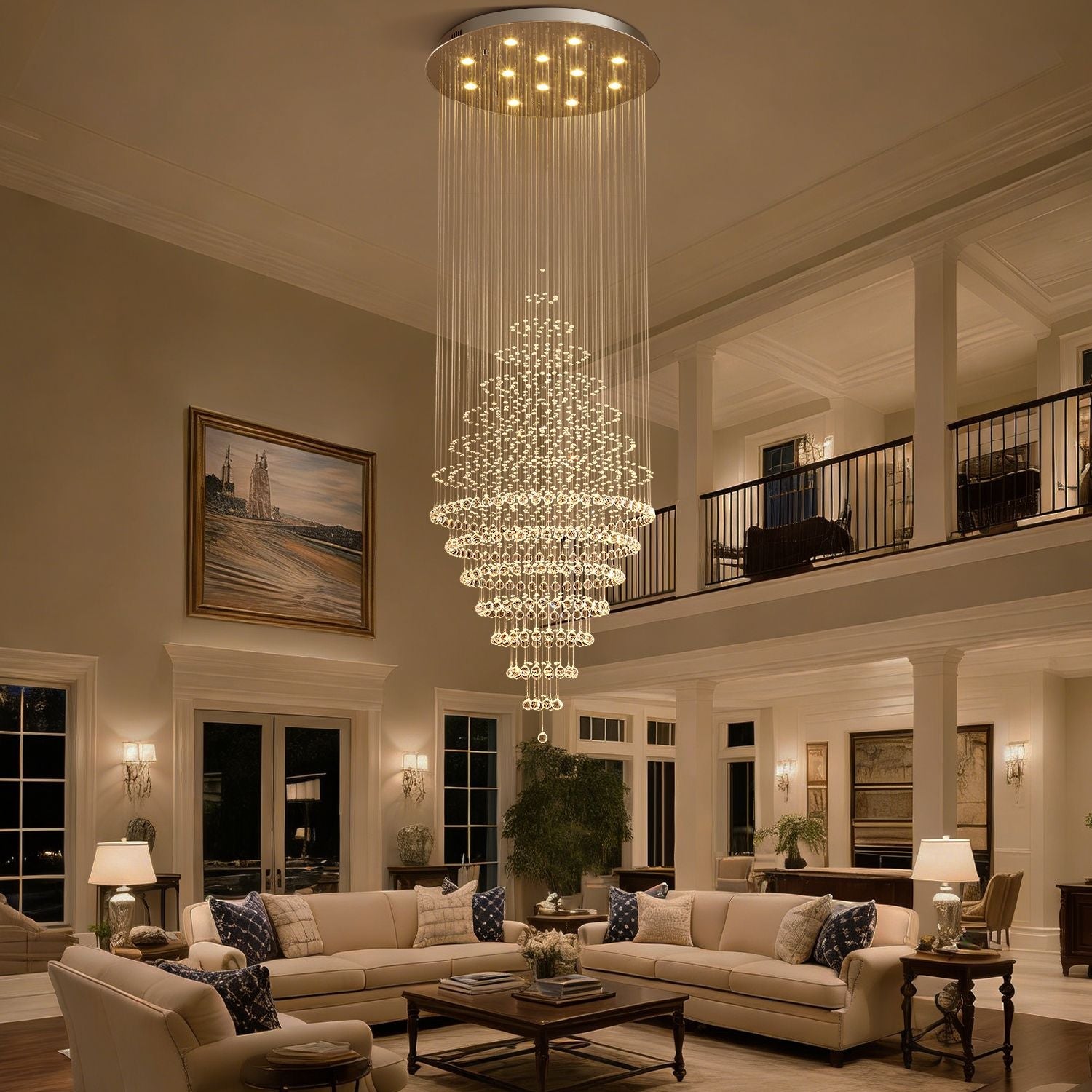 luxury modern round crystal chandelier hanging in high ceiling living room interior lighting | Feyran