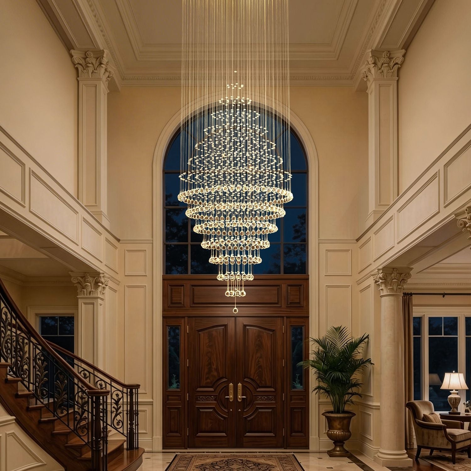 luxury modern round crystal chandelier staircase lighting fixture in high ceiling foyer entrance hall | Feyran