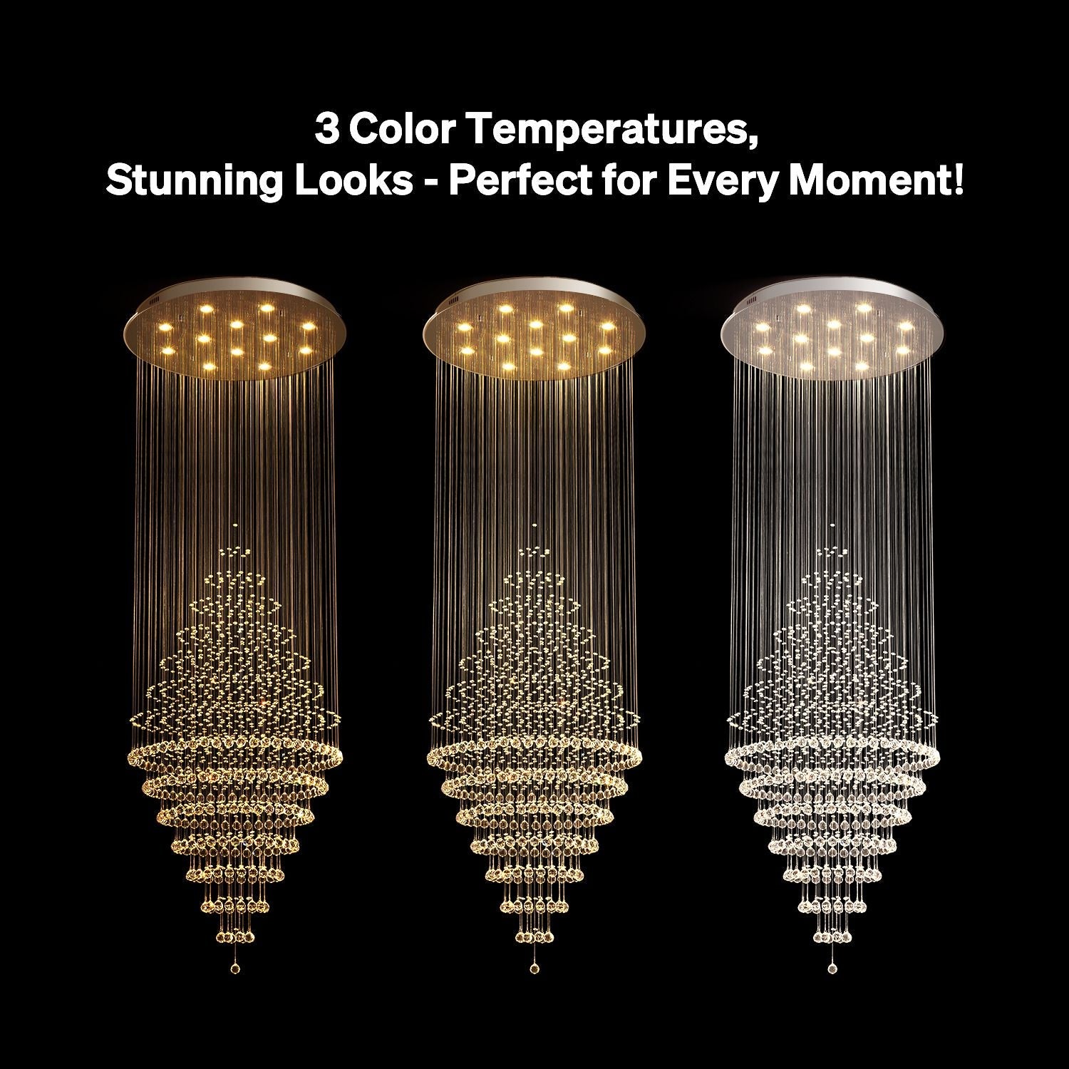 luxury modern round crystal chandelier lighting fixture with three color temperature lighting options | Feyran