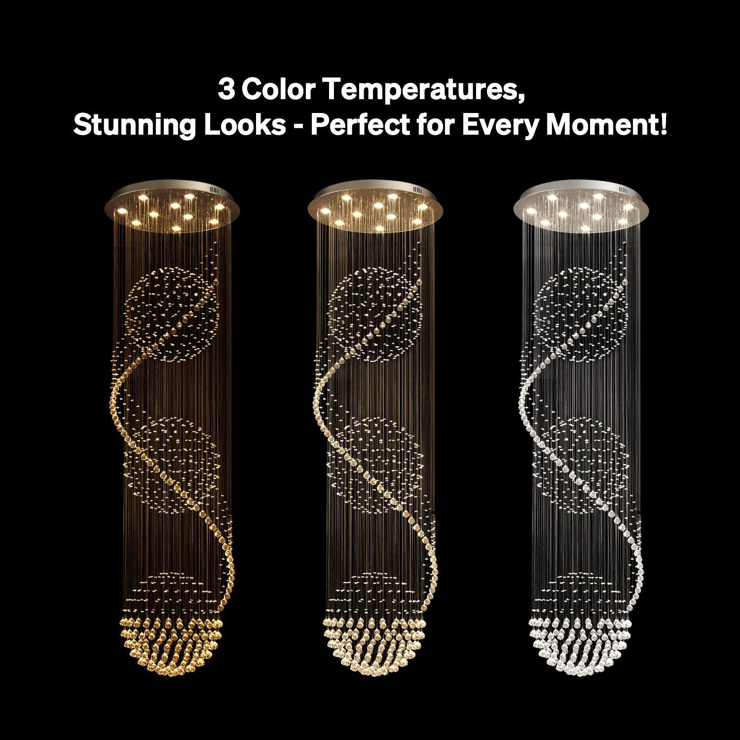Modern Spiral Chandelier with three adjustable color temperatures (warm white, cool white, daylight), offering the perfect lighting ambiance for every moment | Feyran