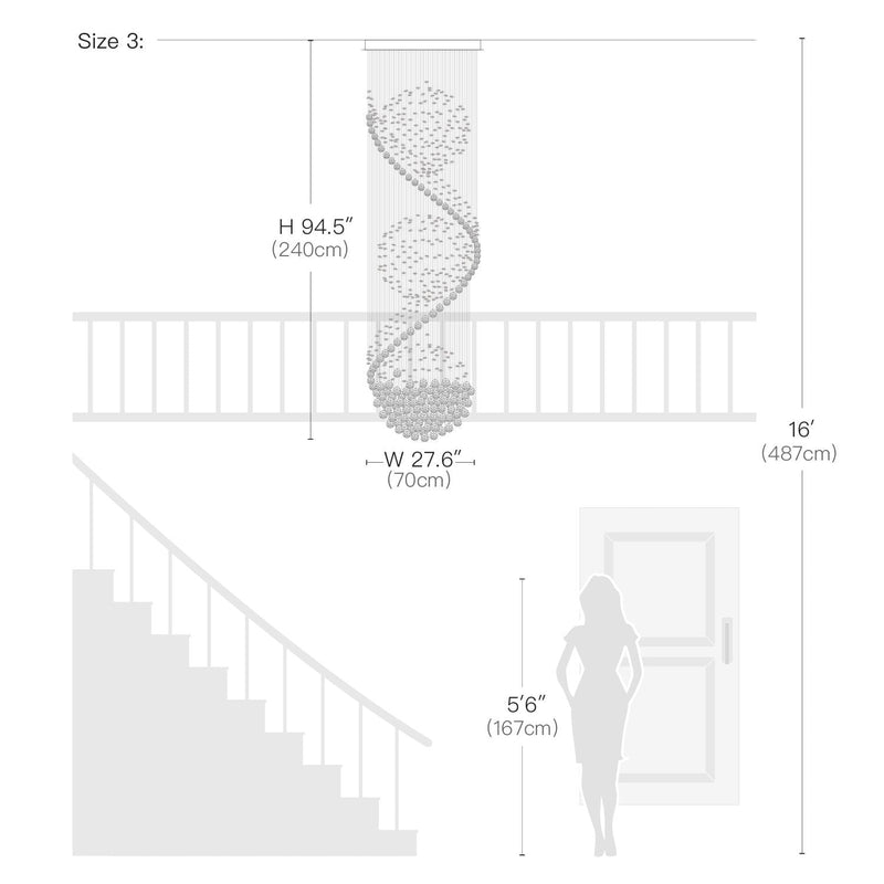 Detailed dimensions for Size 3 of the chandelier: height 94.5 inches (240 cm), width 27.6 inches (70 cm), with recommended chain length of 16 ft (487 cm) and ceiling height of 5‘6“ (167 cm).