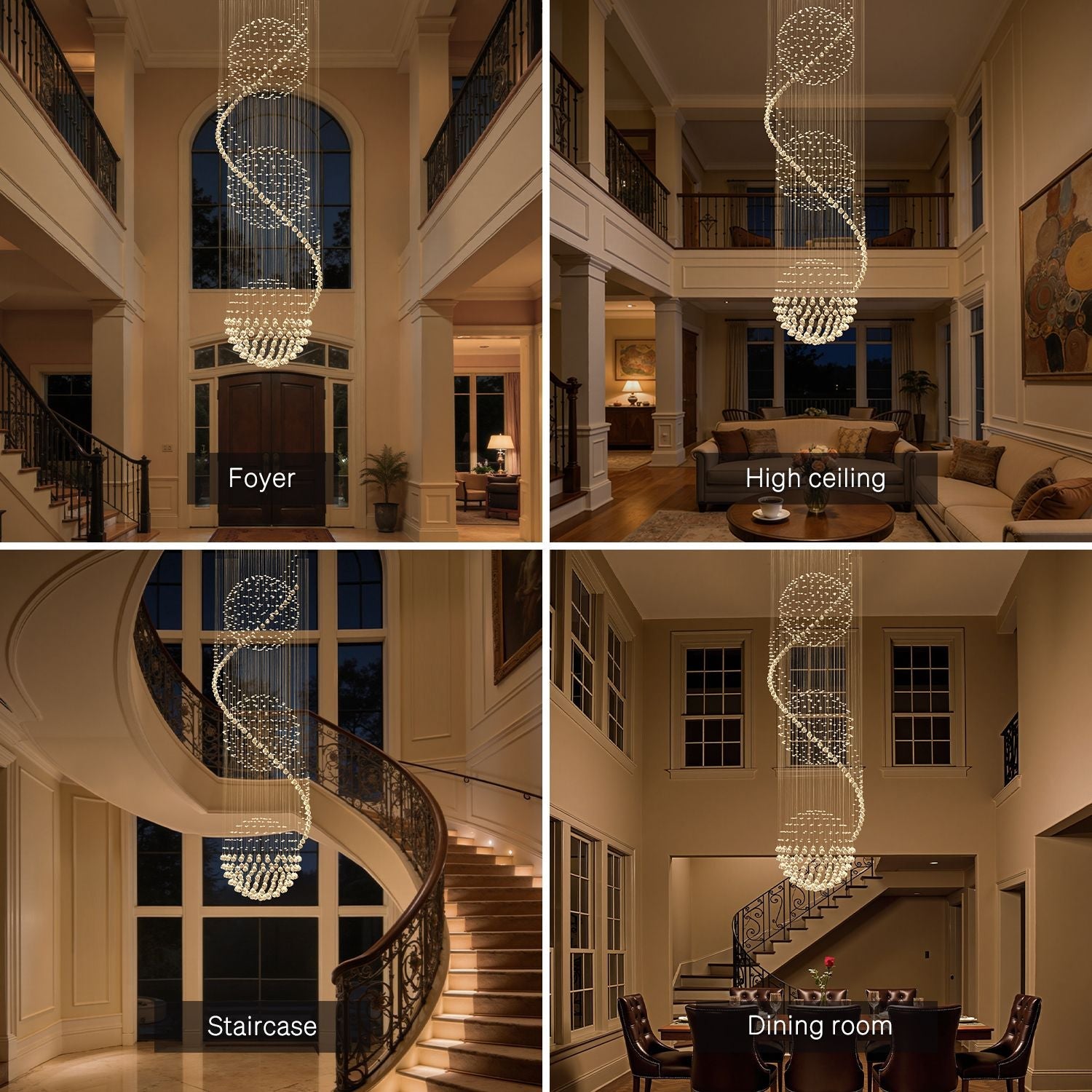 A guide showing ideal placements for the Modern Spiral Crystal Chandelier in rooms like a foyer with a high ceiling, near a staircase, or above a dining table | Feyran