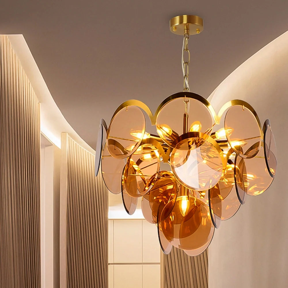close-up-of-post-modern-glass-amber-disc-chandelier-ch425-20250710-Feyran-lighting
