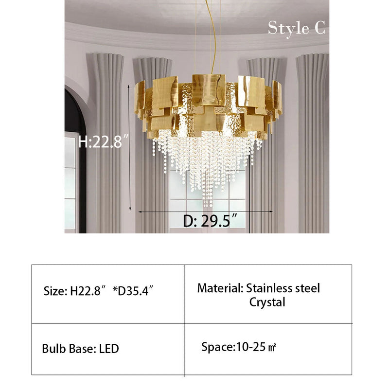 Post-modern Light Luxury Oval/Round Tiered Tassel Crystal Chandelier in Gold Finish for Living/Dining Room,dimension,detail