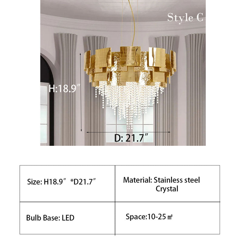 Post-modern Light Luxury Oval/Round Tiered Tassel Crystal Chandelier in Gold Finish for Living/Dining Room,dimension,detail