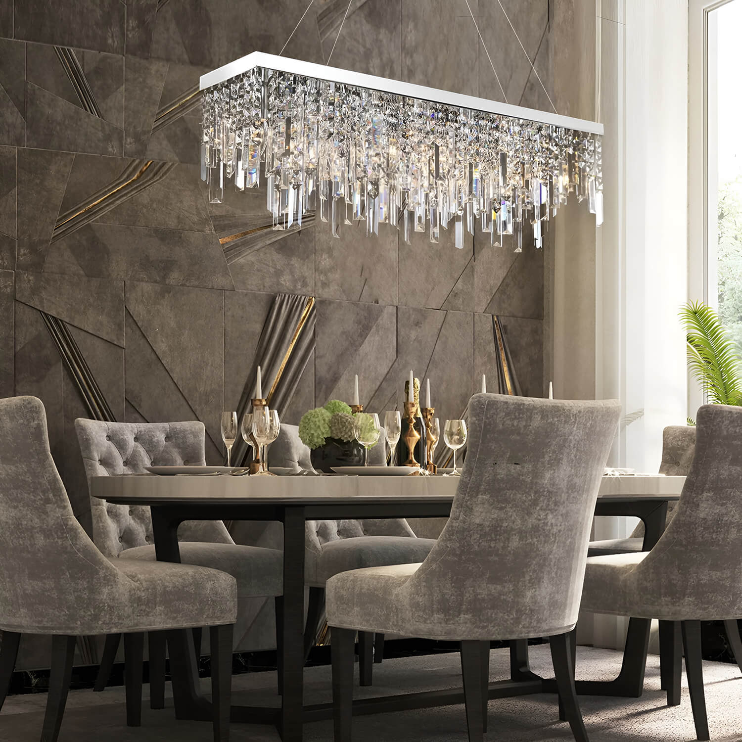 Rectangular Crystal Chandelier With Linear Design - Dining Room-1|Feyran