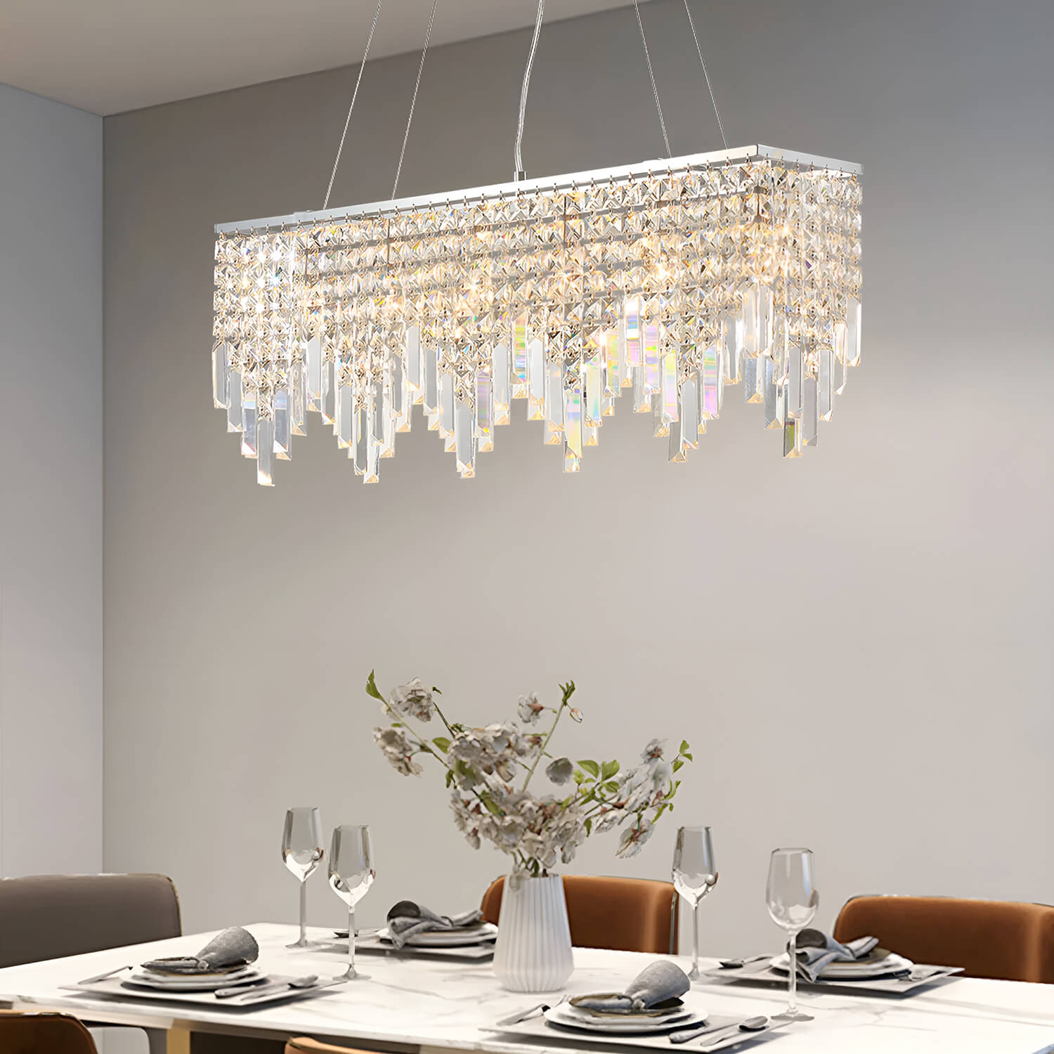 Rectangular Crystal Chandelier With Linear Design - Dining Room-3|Feyran