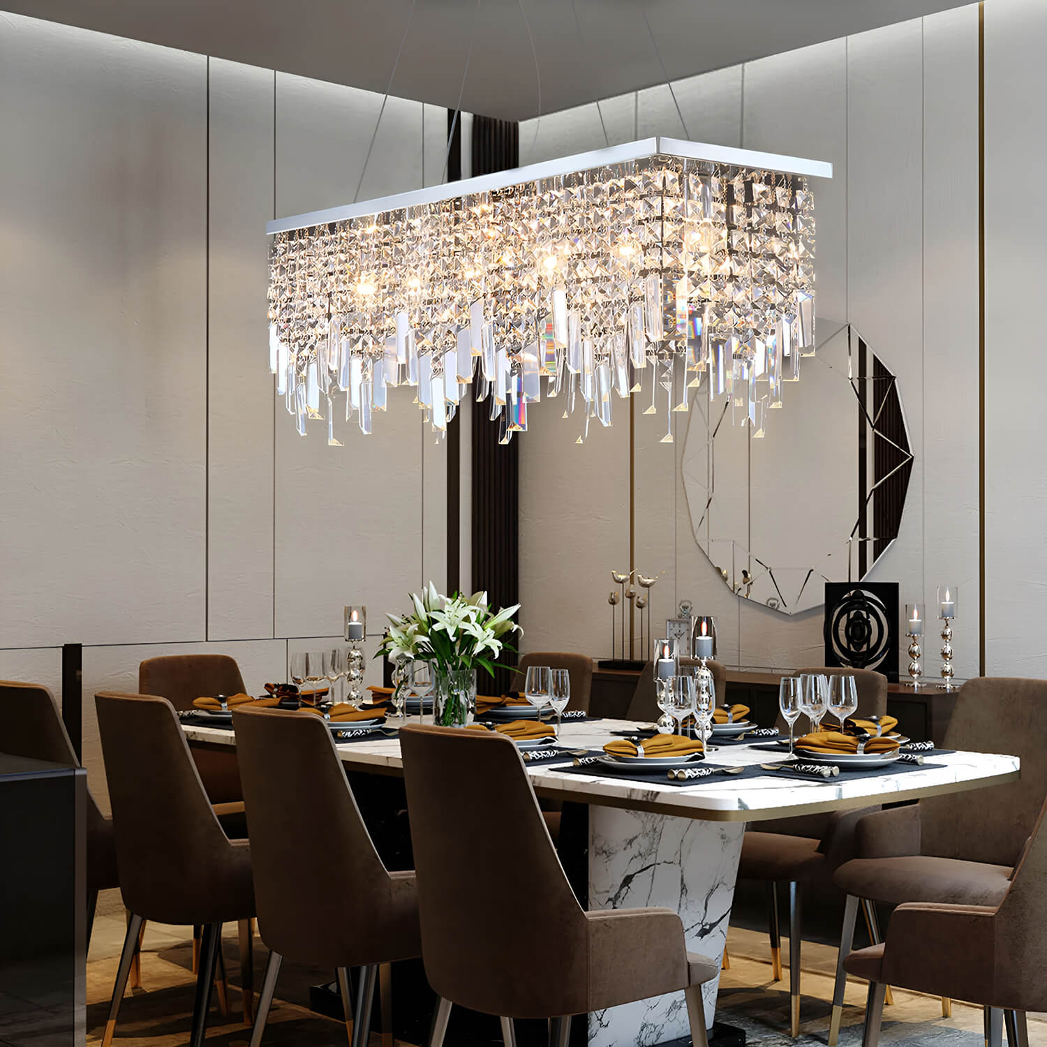 Rectangular Crystal Chandelier With Linear Design - Dining Room-4|Feyran