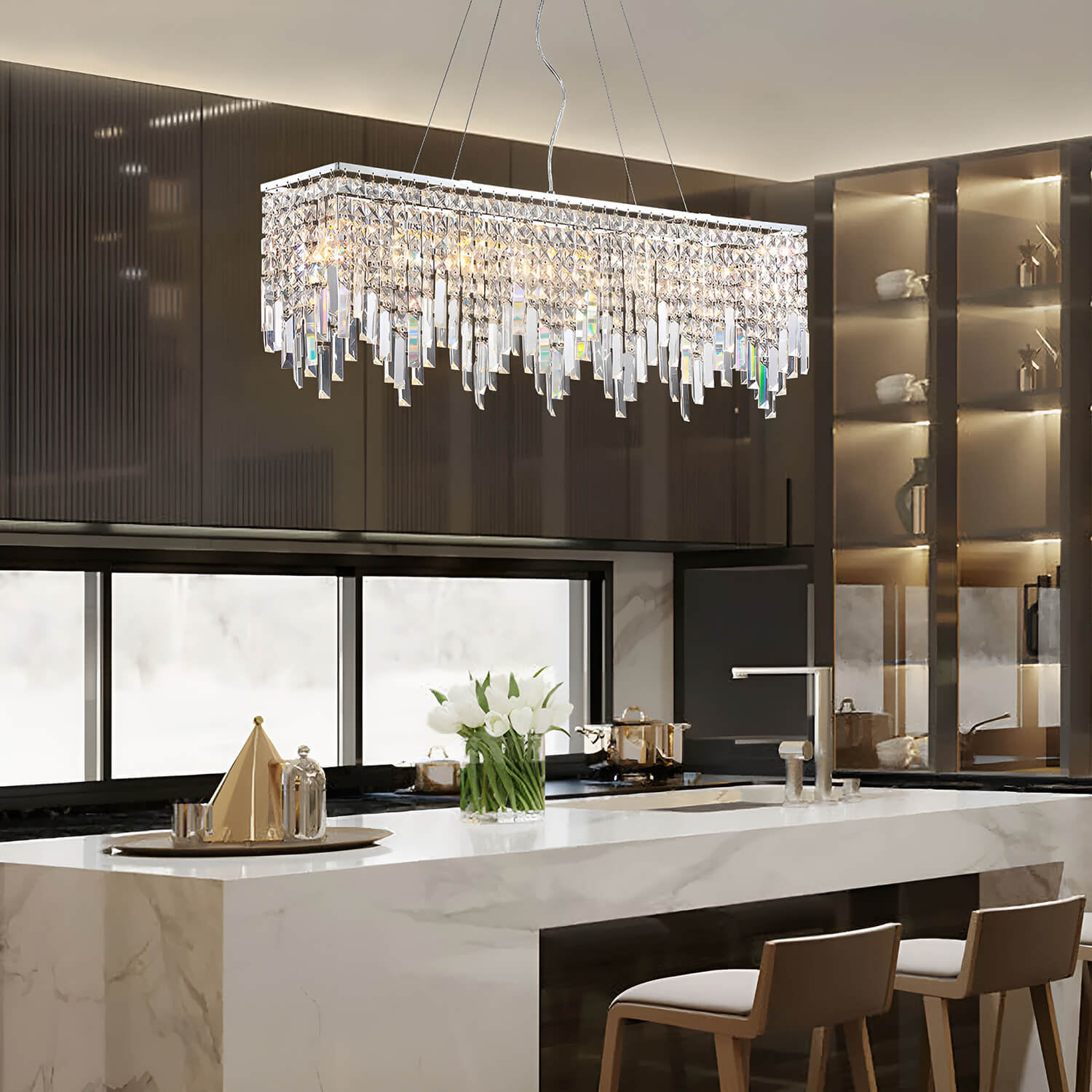Rectangular Crystal Chandelier With Linear Design - Dining Room-2|Feyran