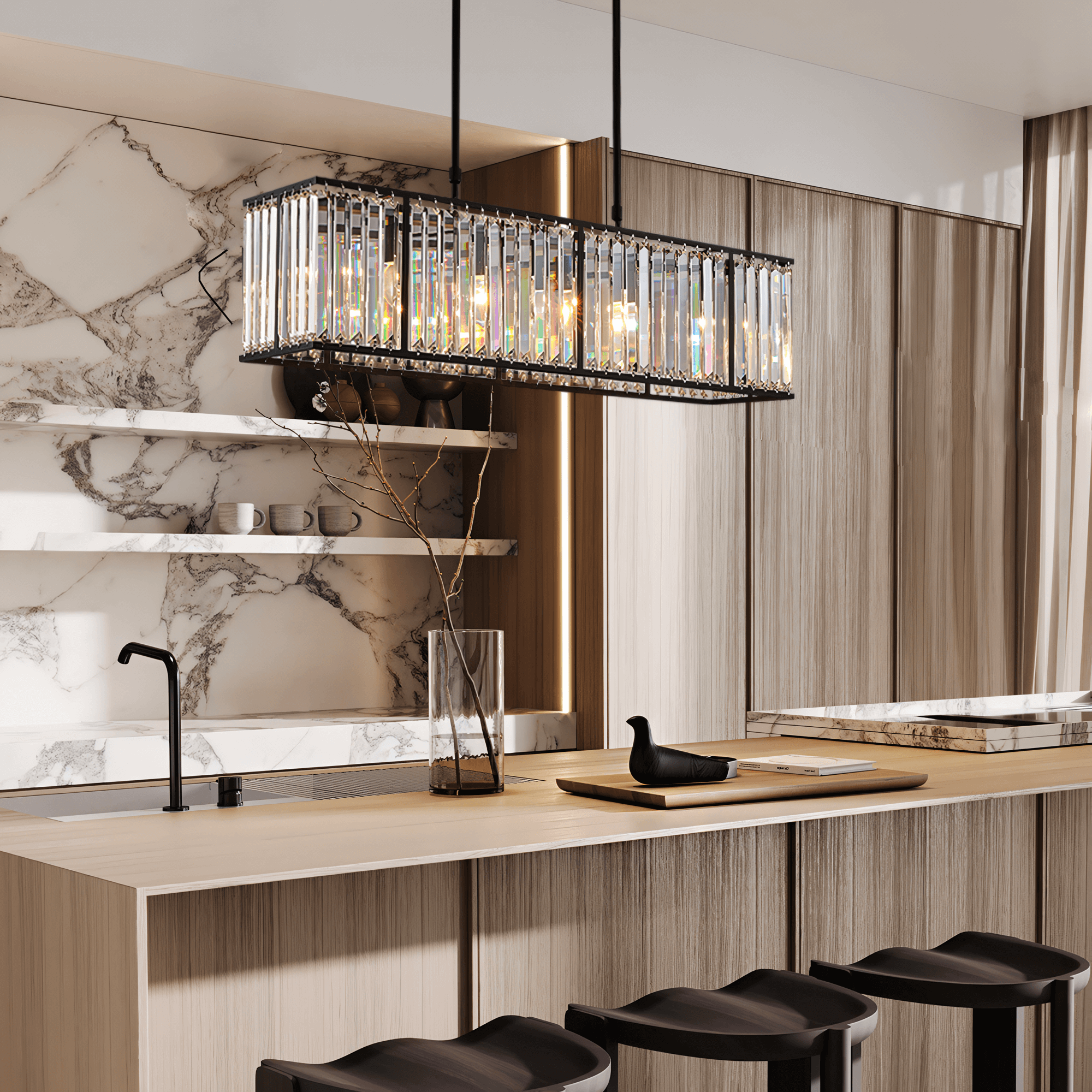 Rectangular Gold Frame Crystal Chandelier kitchen| Feyran