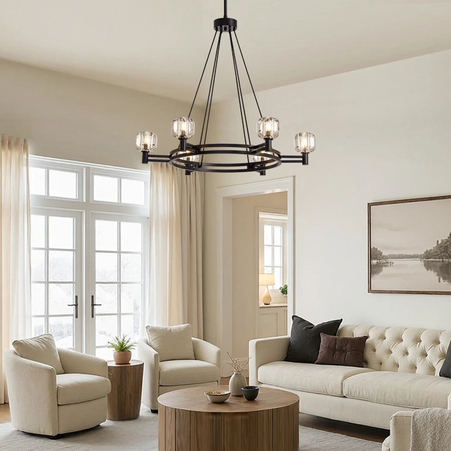 rustic-round-chandelier-with-glass-shades-installed-in-the-living-room-ch460-20250903-Feyran-lighting