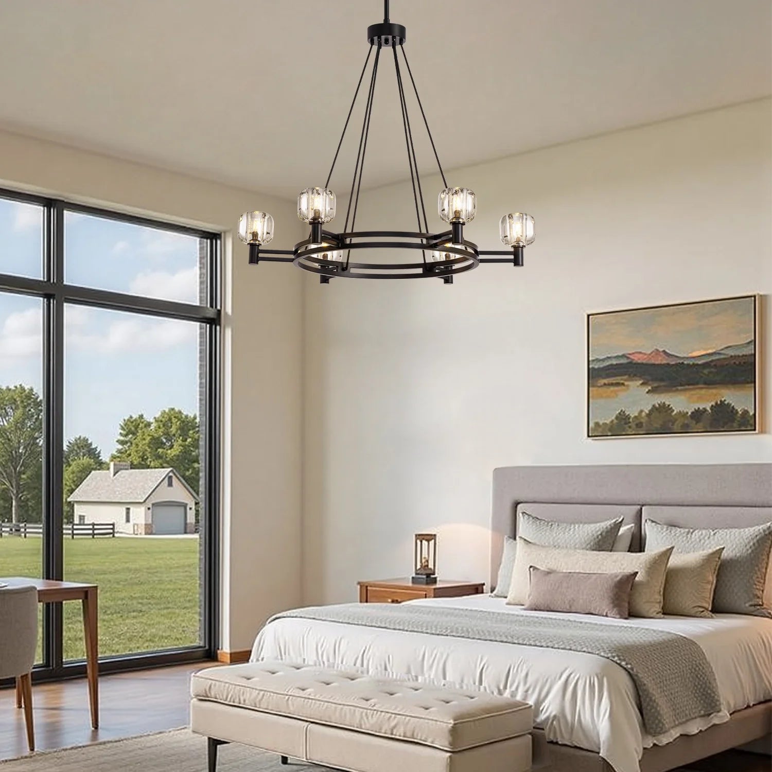 rustic-round-chandelier-with-glass-shades-installed-in-the-bedroom-ch460-20250903-Feyran-lighting