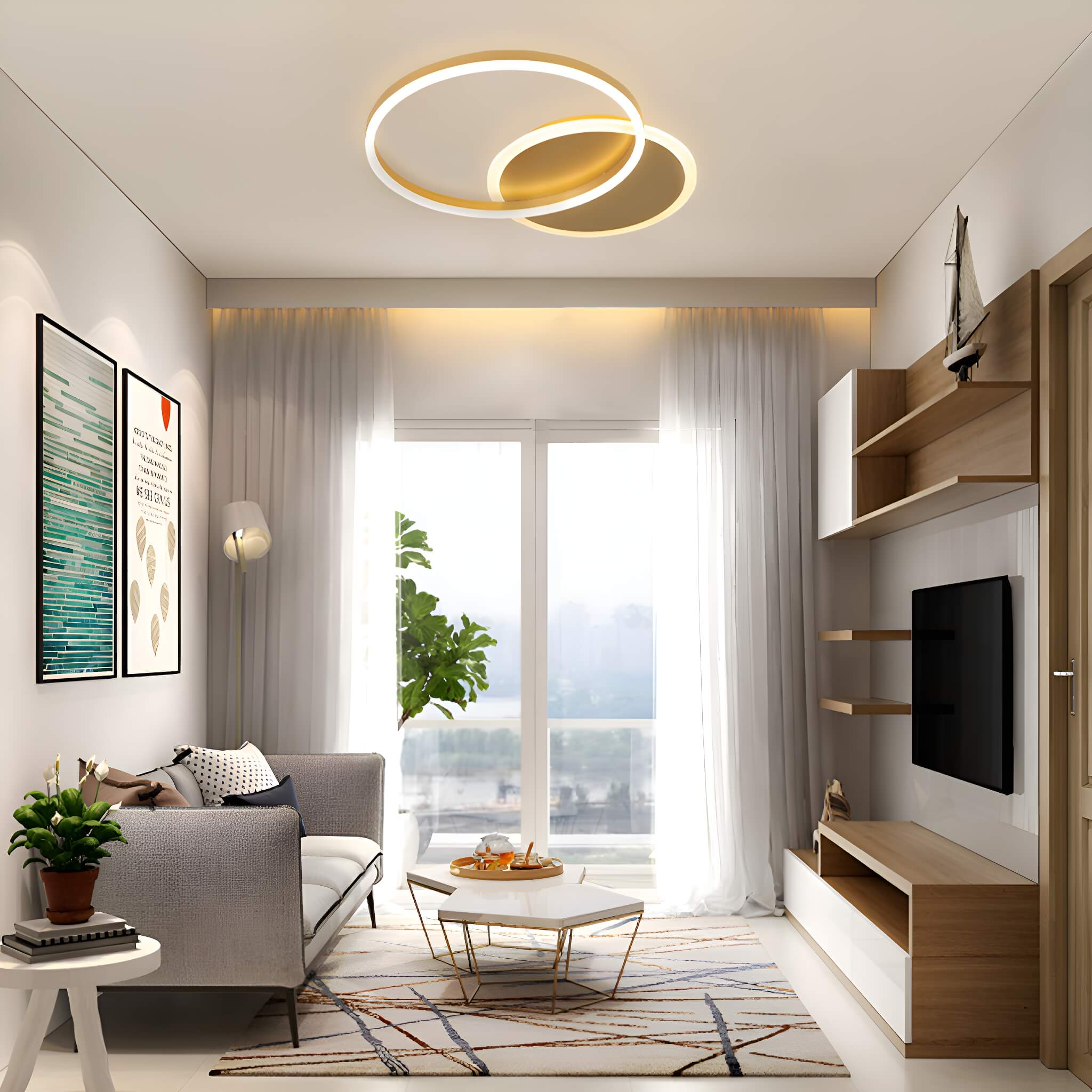 Sleek Multi-Layered Circular Living Room Ceiling Light – Stylish Aluminum Rings in Gold for Bedroom Ceiling-living-room-1| Feyran