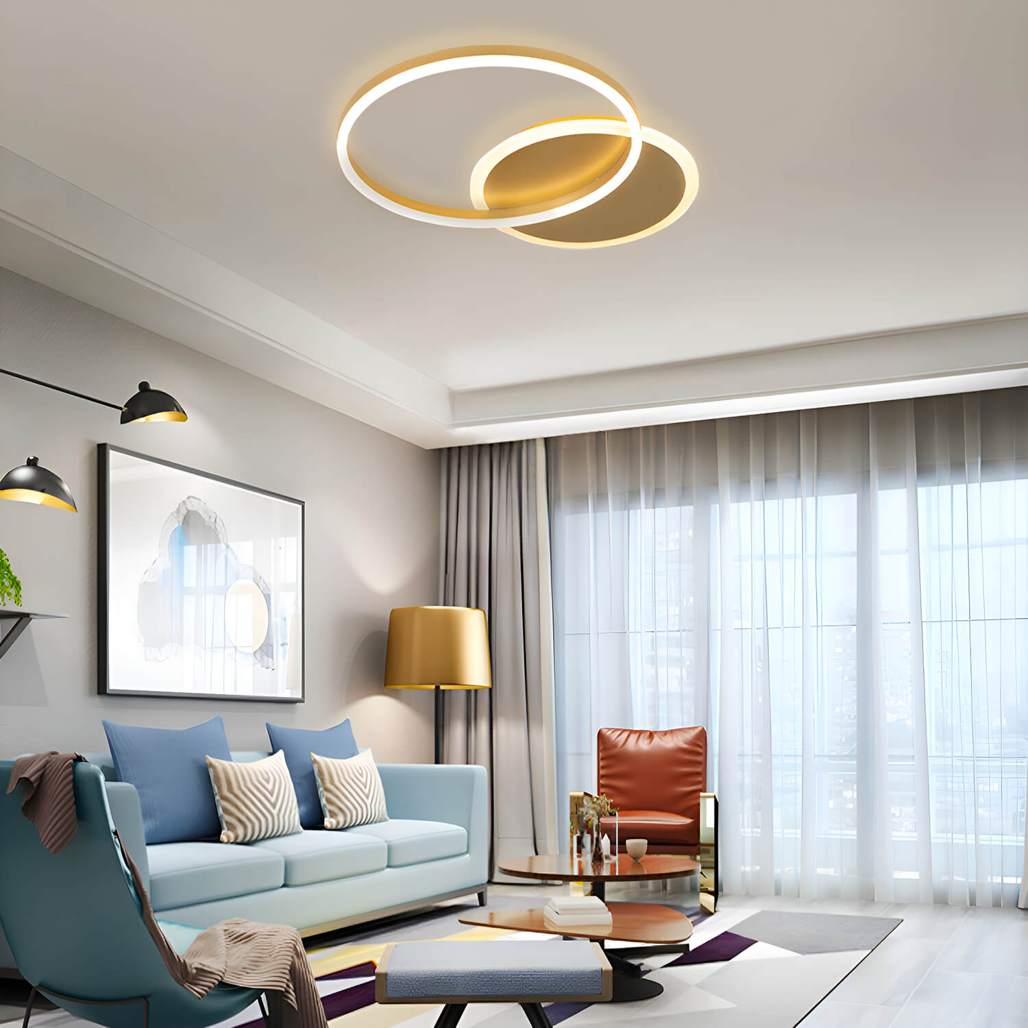 Sleek Multi-Layered Circular Living Room Ceiling Light – Stylish Aluminum Rings in Gold for Bedroom Ceiling-living-room-2| Feyran