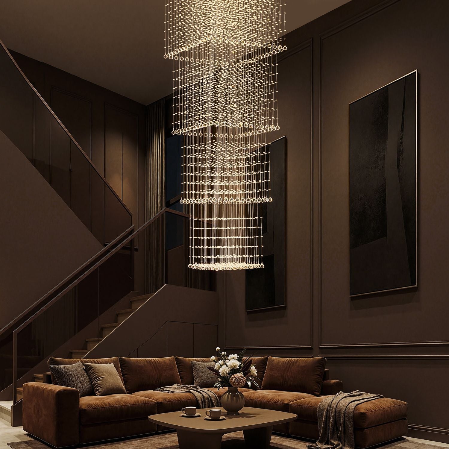 square-long-crystal-raindrop-chandelier-staircase-high-ceiling | Feyran