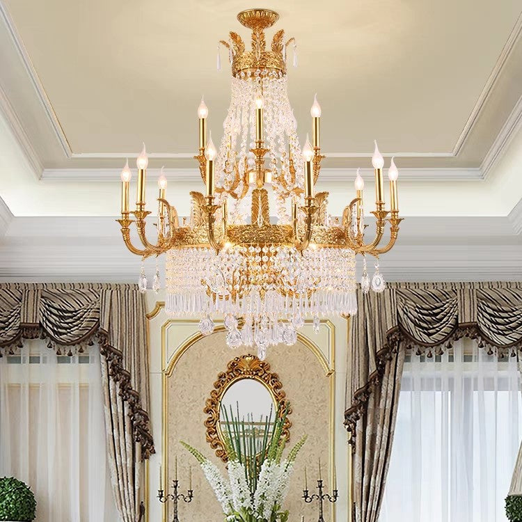 Large Oversized Luxury Golden Metal Brass Candle Crystal Tassel Chandelier For High-ceiling Staircase/Entryway/Hallway/Living/Meeting Room
