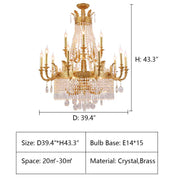 2 layers: D39.4*H43.3" Large Oversized Luxury Golden Metal Brass Candle Crystal Tassel Chandelier For High-ceiling Staircase/Entryway/Hallway/Living/Meeting Room