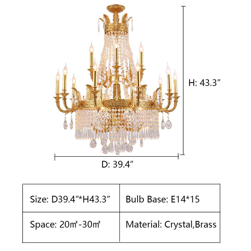 2 layers: D39.4*H43.3" Large Oversized Luxury Golden Metal Brass Candle Crystal Tassel Chandelier For High-ceiling Staircase/Entryway/Hallway/Living/Meeting Room