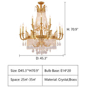 3 layers: D45.3*H70.9" Large Oversized Luxury Golden Metal Brass Candle Crystal Tassel Chandelier For High-ceiling Staircase/Entryway/Hallway/Living/Meeting Room