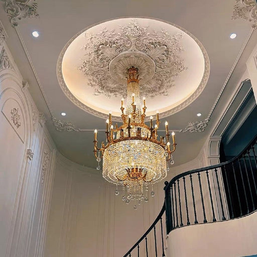 Large Oversized Luxury Golden Metal Brass Candle Crystal Tassel Chandelier For High-ceiling Staircase/Entryway/Hallway/Living/Meeting Room