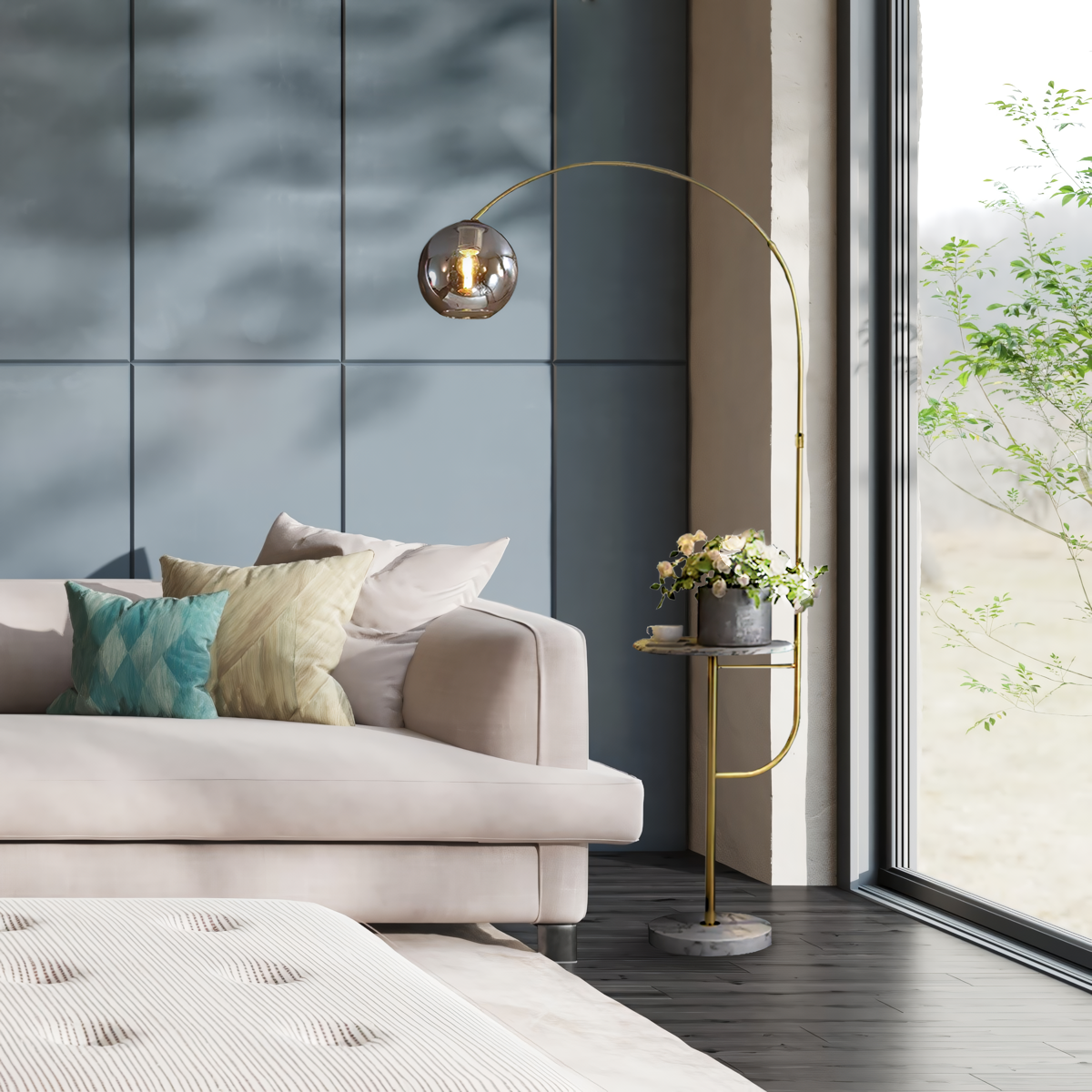 Swivel Dome Shade Golden Floor Lamp with Marble Table -Sofa | Feyran