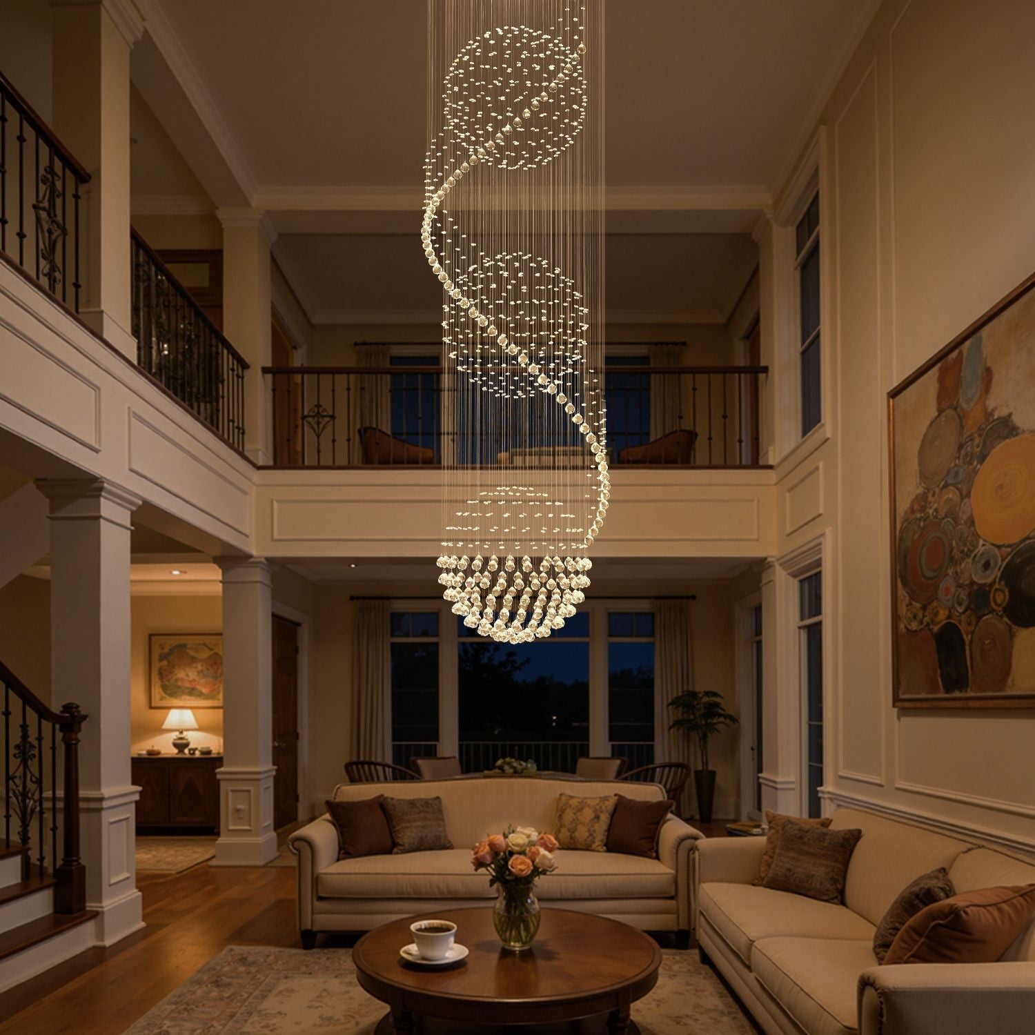 Three sphere raindrop crystal chandelier in a double height living room with staircase | Feyran